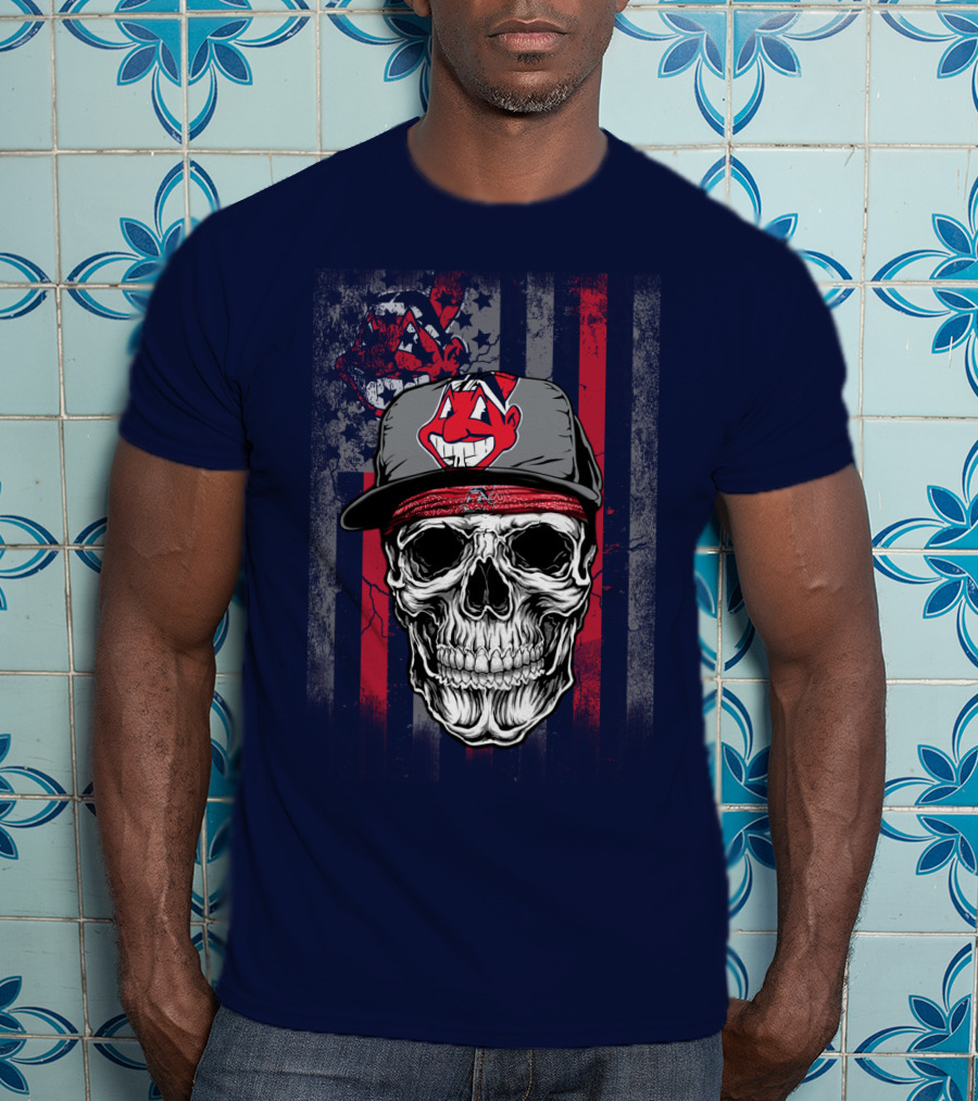 Cleveland Indians Skull Wearing Chief Wahoo Cap With American Flag T-Shirt