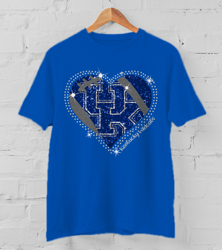 Kentucky Wildcats Heart Football Logo Sparkle Blue T-Shirt