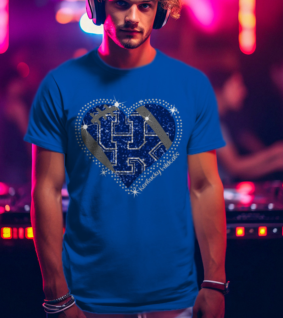 Kentucky Wildcats Heart Football Logo Sparkle Blue T-Shirt