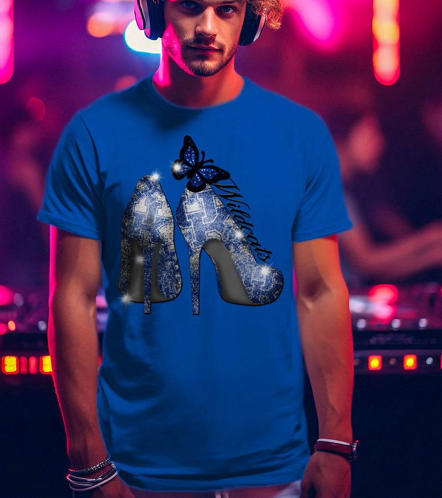 Kentucky Wildcats High Heels And Butterfly In Blue T-Shirt
