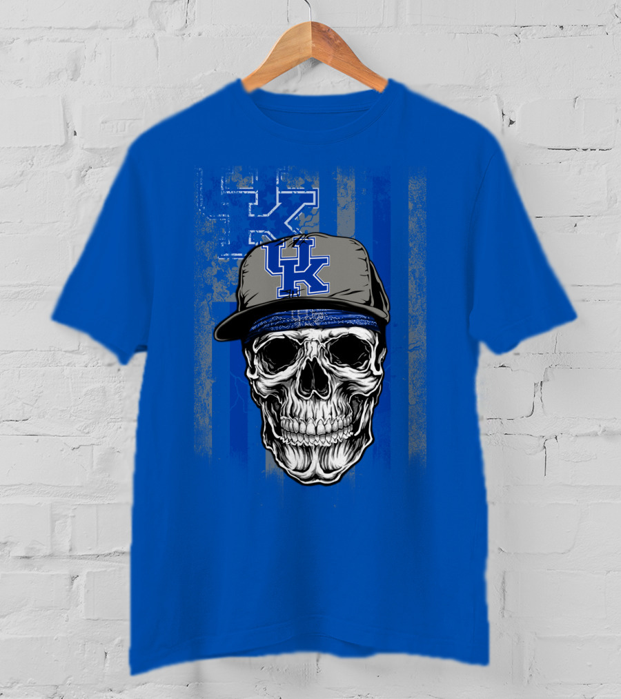 Kentucky Wildcats Skull With Uk Logo Hat On Grunge Blue T-Shirt