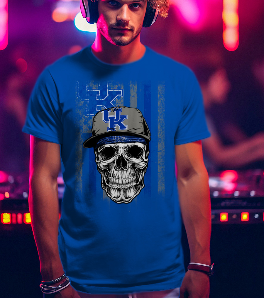 Kentucky Wildcats Skull With Uk Logo Hat On Grunge Blue T-Shirt