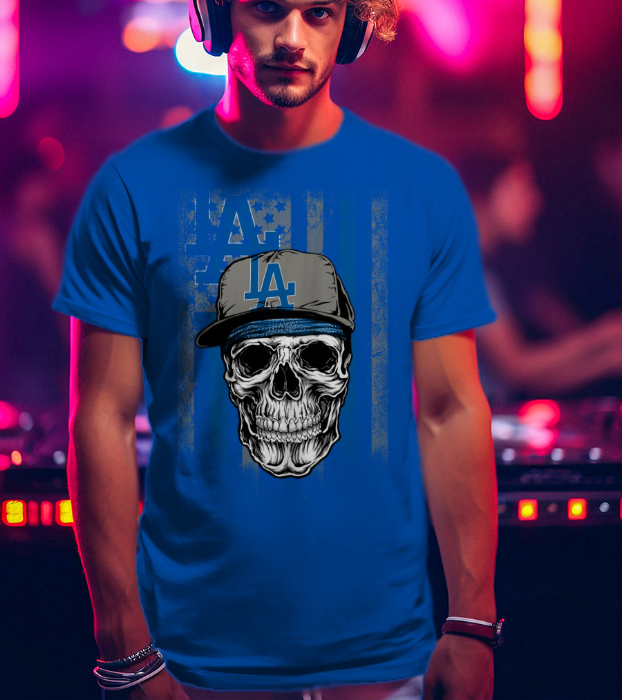 Los Angeles Dodgers Skull With La Cap And Stars T-Shirt