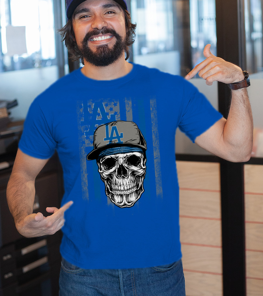 Los Angeles Dodgers Skull With La Cap And Stars T-Shirt