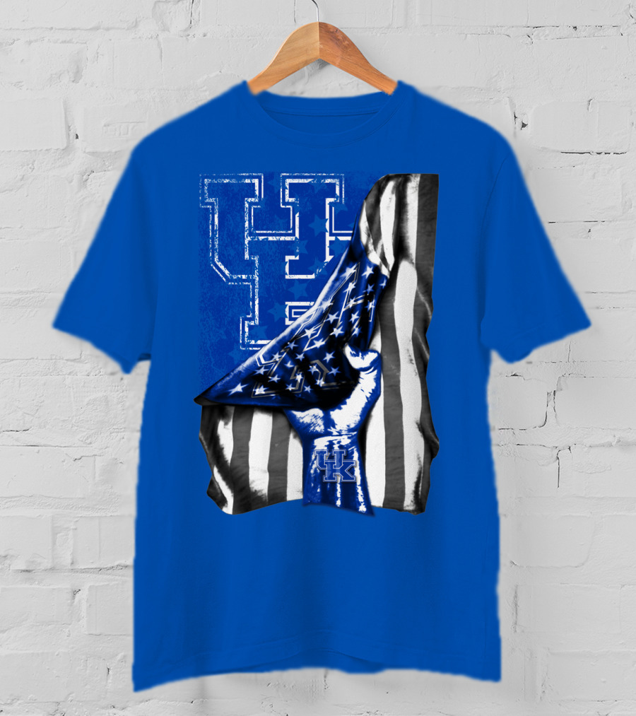 Kentucky Wildcats U.s. Flag Blue And White Logo Fusion T-Shirt