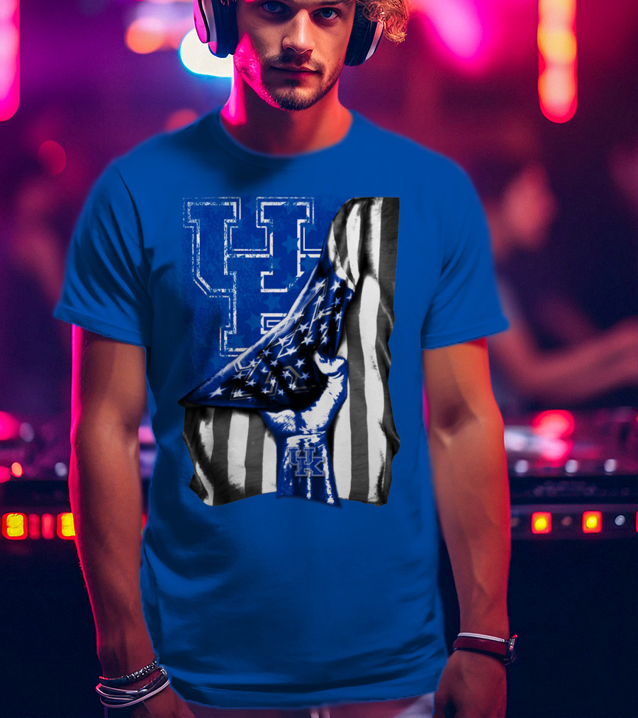 Kentucky Wildcats U.s. Flag Blue And White Logo Fusion T-Shirt