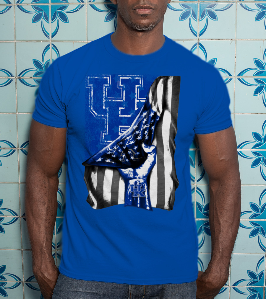 Kentucky Wildcats U.s. Flag Blue And White Logo Fusion T-Shirt