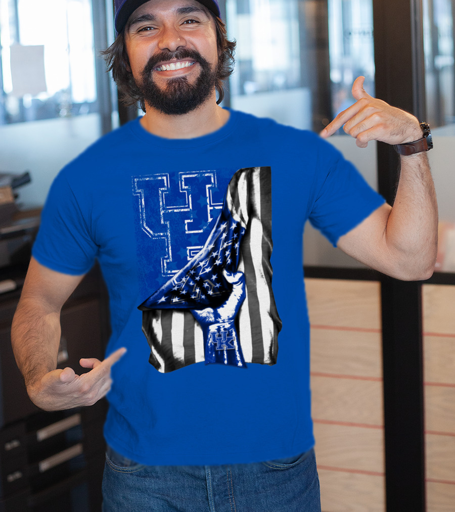 Kentucky Wildcats U.s. Flag Blue And White Logo Fusion T-Shirt