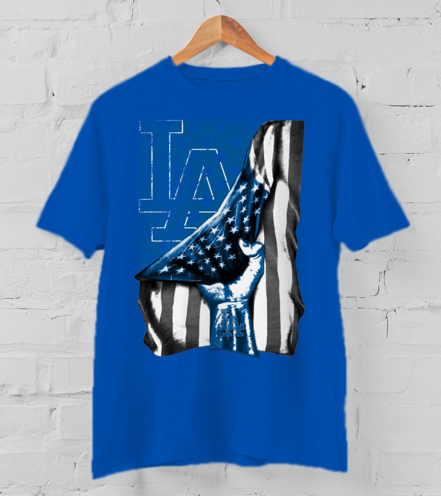 Los Angeles Dodgers La Logo American Flag Fist T-Shirt