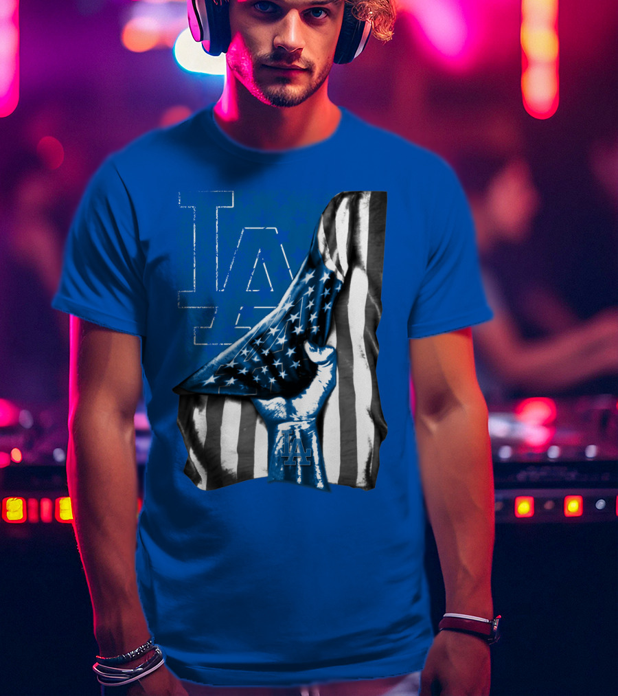 Los Angeles Dodgers La Logo American Flag Fist T-Shirt