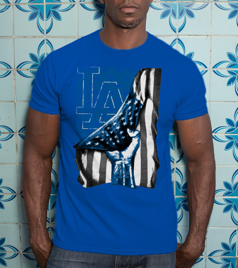 Los Angeles Dodgers La Logo American Flag Fist T-Shirt