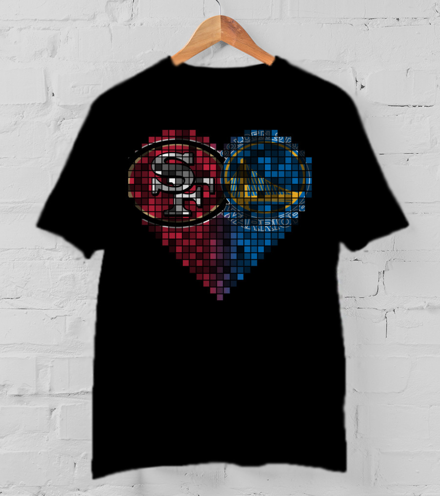 San Francisco 49ers And Golden State Warriors Heart Pixel Mosaic T-Shirt