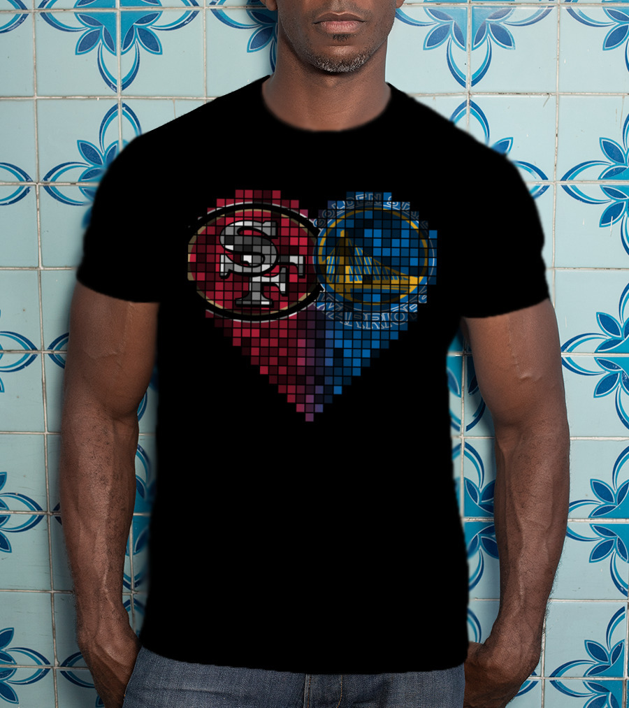 San Francisco 49ers And Golden State Warriors Heart Pixel Mosaic T-Shirt