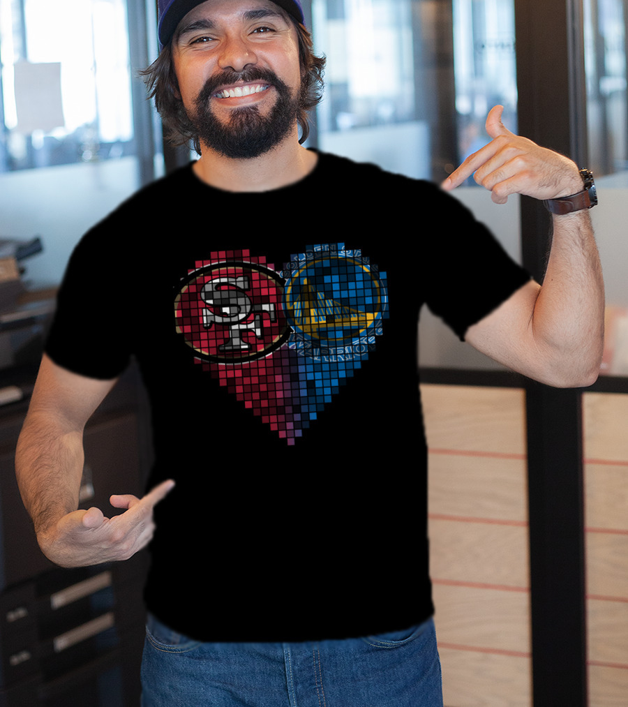 San Francisco 49ers And Golden State Warriors Heart Pixel Mosaic T-Shirt