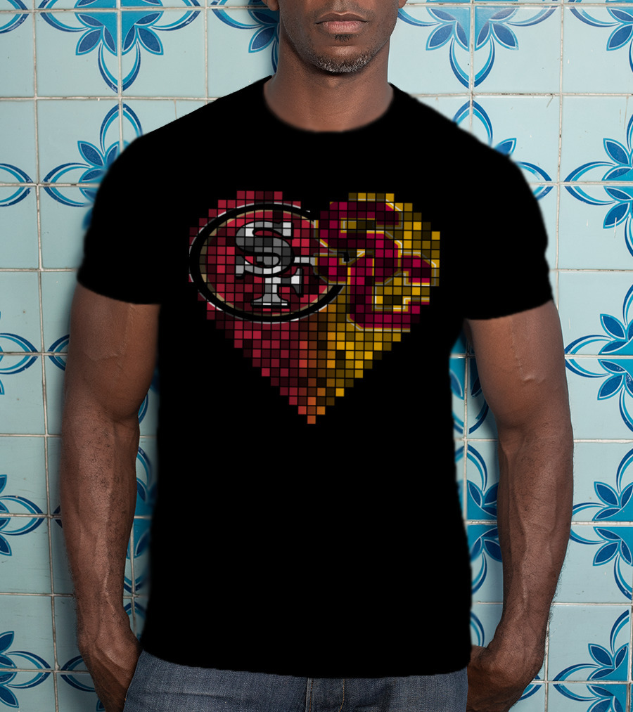 Ttr 005 Heart Mosaic San Francisco 49ers And Usc Trojans Logos T-Shirt