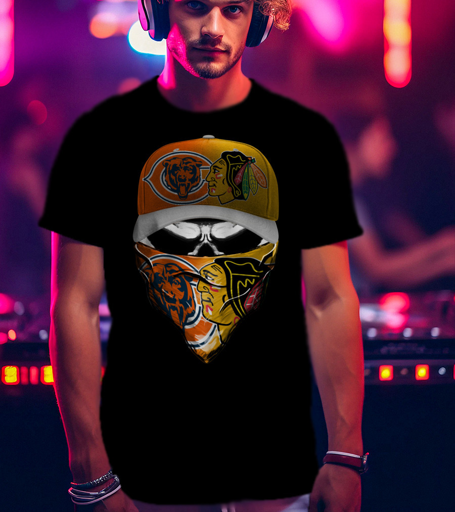 Chicago Bears Blackhawks Cap And Bandana Crossover T-Shirt