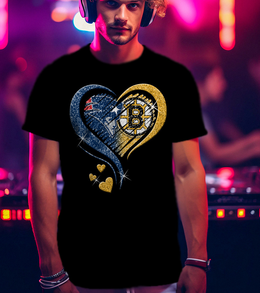 New England Patriots Boston Bruins Heart Design T-Shirt