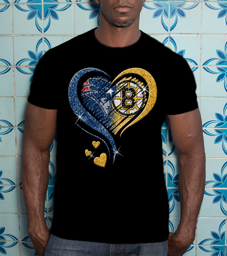 New England Patriots Boston Bruins Heart Design T-Shirt