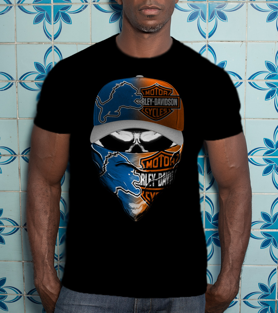 Detroit Lions Harley Davidson Motorcycles Skull Mask T-Shirt