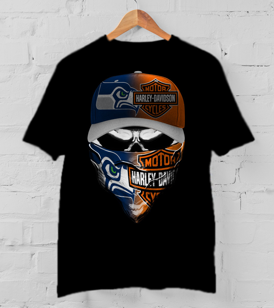 Seattle Seahawks Harley Davidson Collaboration Skull Face T-Shirt