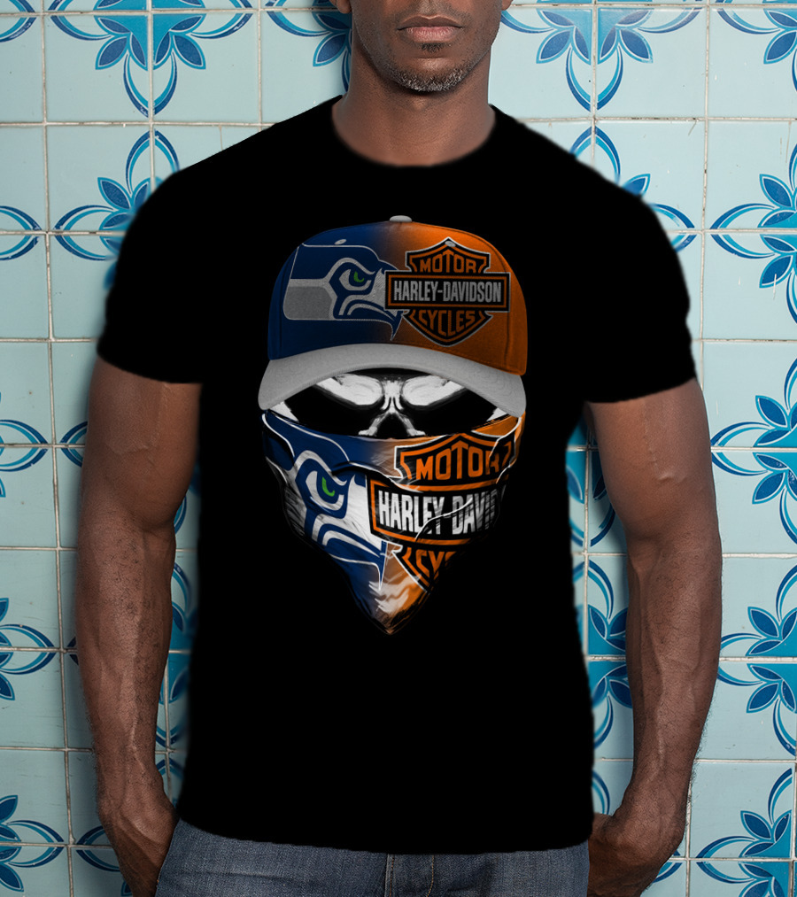 Seattle Seahawks Harley Davidson Collaboration Skull Face T-Shirt