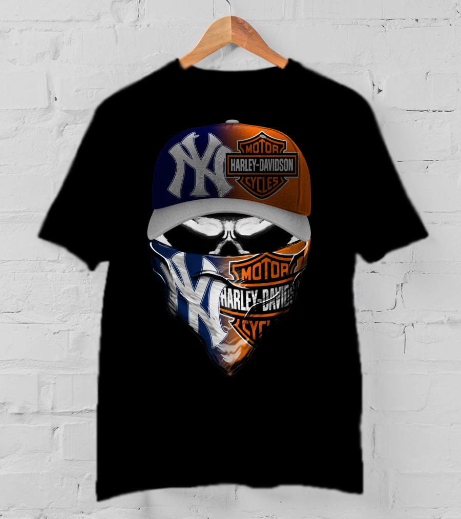 New York Yankees Harley Davidson Motorcycles Skull Mask Hat T-Shirt