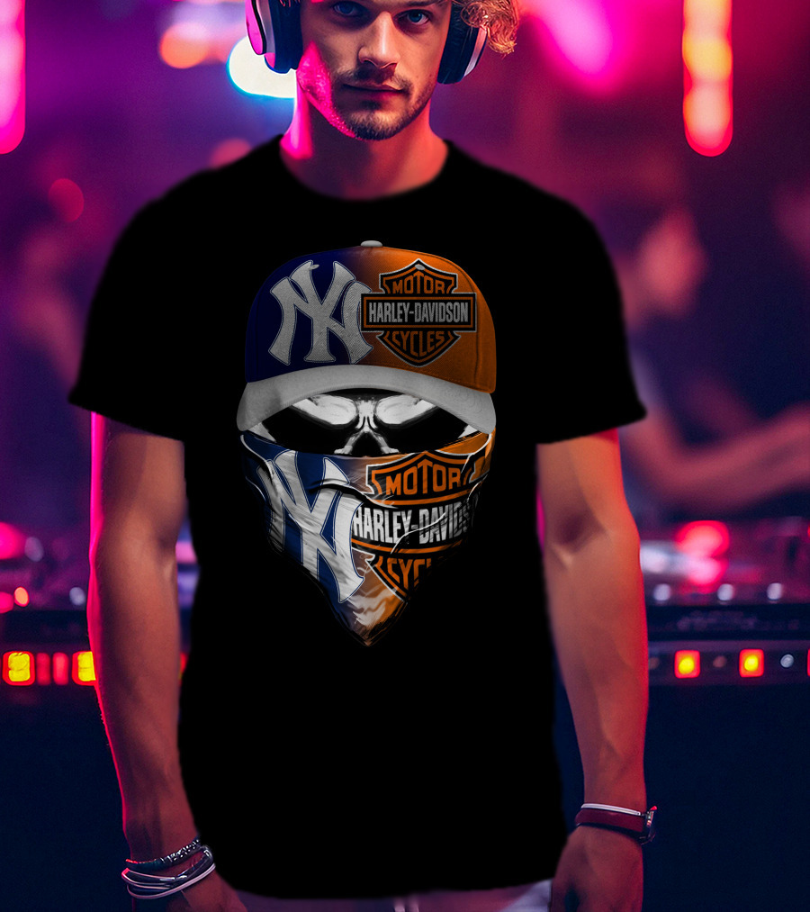 New York Yankees Harley Davidson Motorcycles Skull Mask Hat T-Shirt