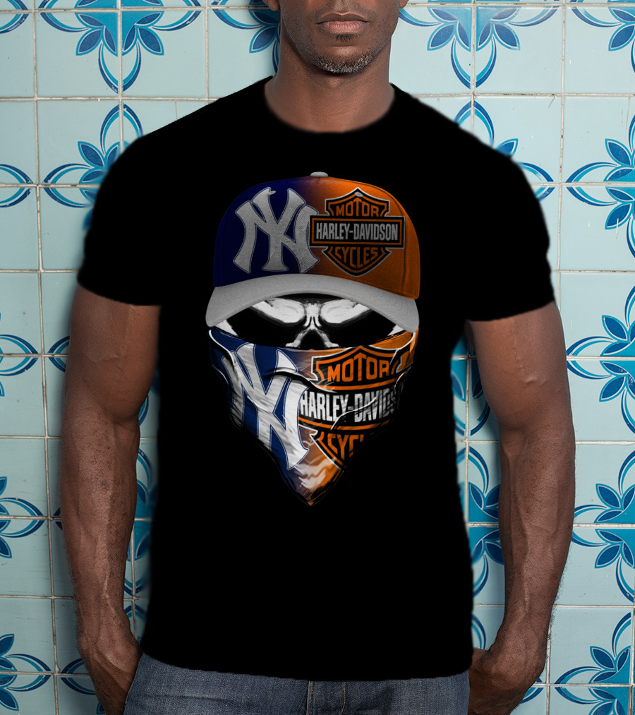 New York Yankees Harley Davidson Motorcycles Skull Mask Hat T-Shirt