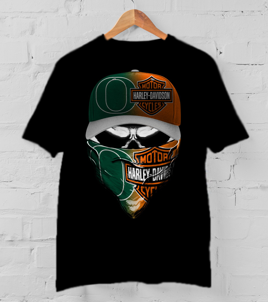 Harley Davidson Motor Cycles With Green And Orange Skull Mask Logo Mashup T-Shirt