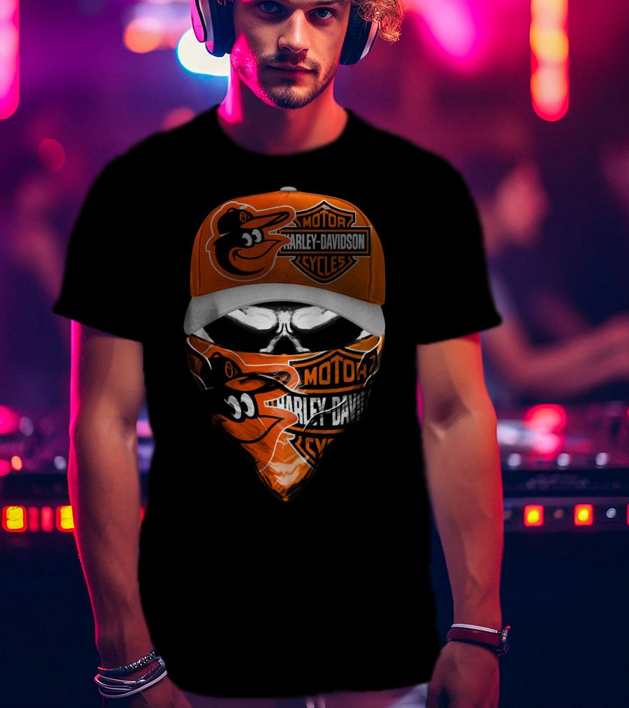 Baltimore Orioles Harley Davidson Hybrid Skulled Style T-Shirt