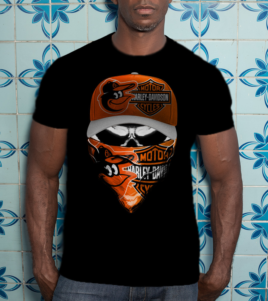 Baltimore Orioles Harley Davidson Hybrid Skulled Style T-Shirt
