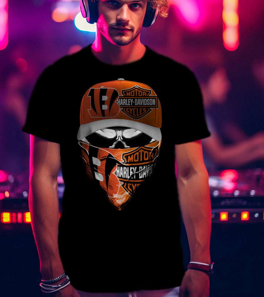 Harley Davidson Cincinnati Bengals Skull Mask Hat T-Shirt