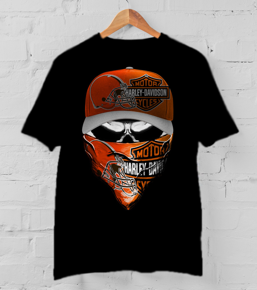 Harley Davidson Motorcycles Cleveland Browns Skull Cap And Bandana T-Shirt