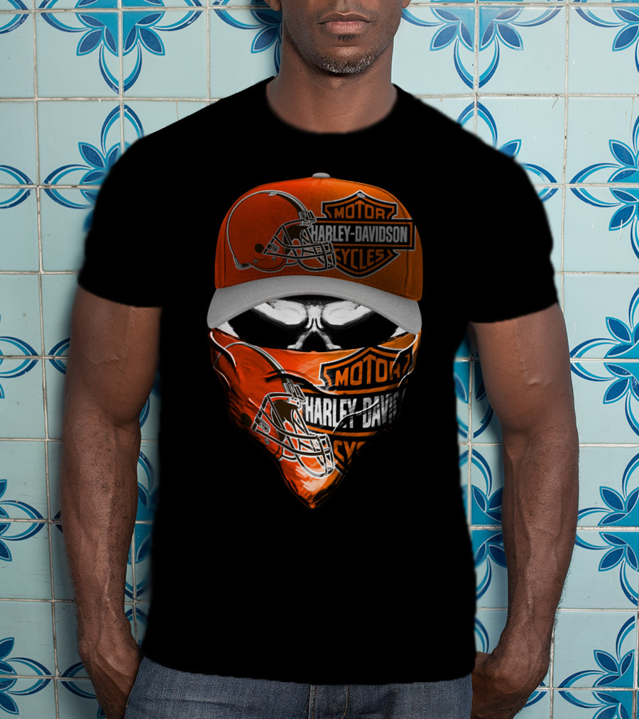Harley Davidson Motorcycles Cleveland Browns Skull Cap And Bandana T-Shirt
