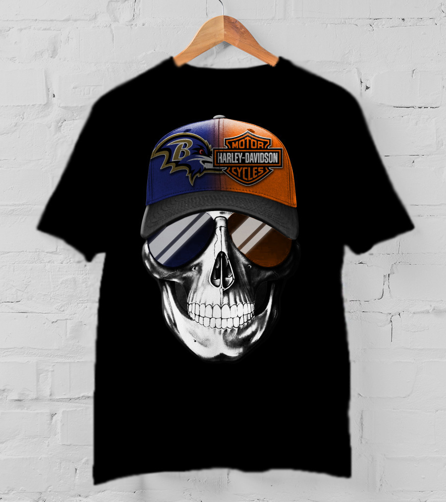 Baltimore Ravens Harley Davidson Skull Cap T-Shirt