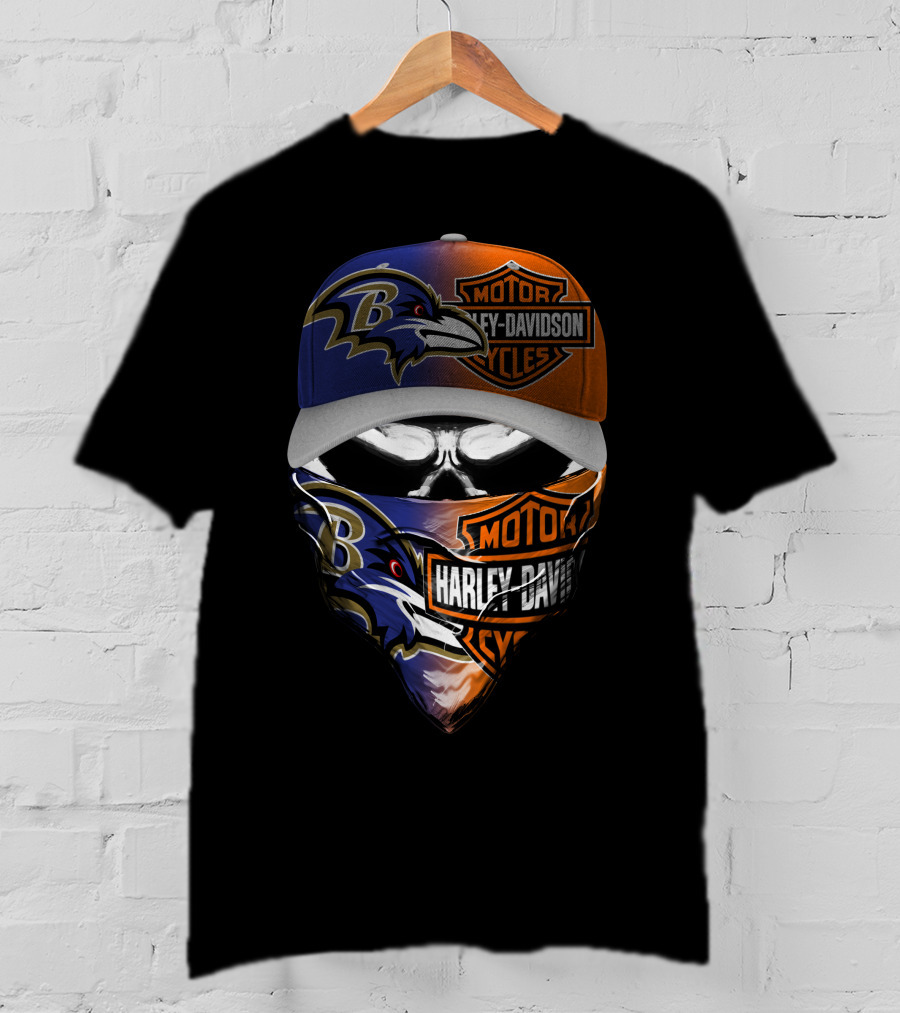 Baltimore Ravens Harley Davidson Motorcycles Skull Face Cover Hat T-Shirt