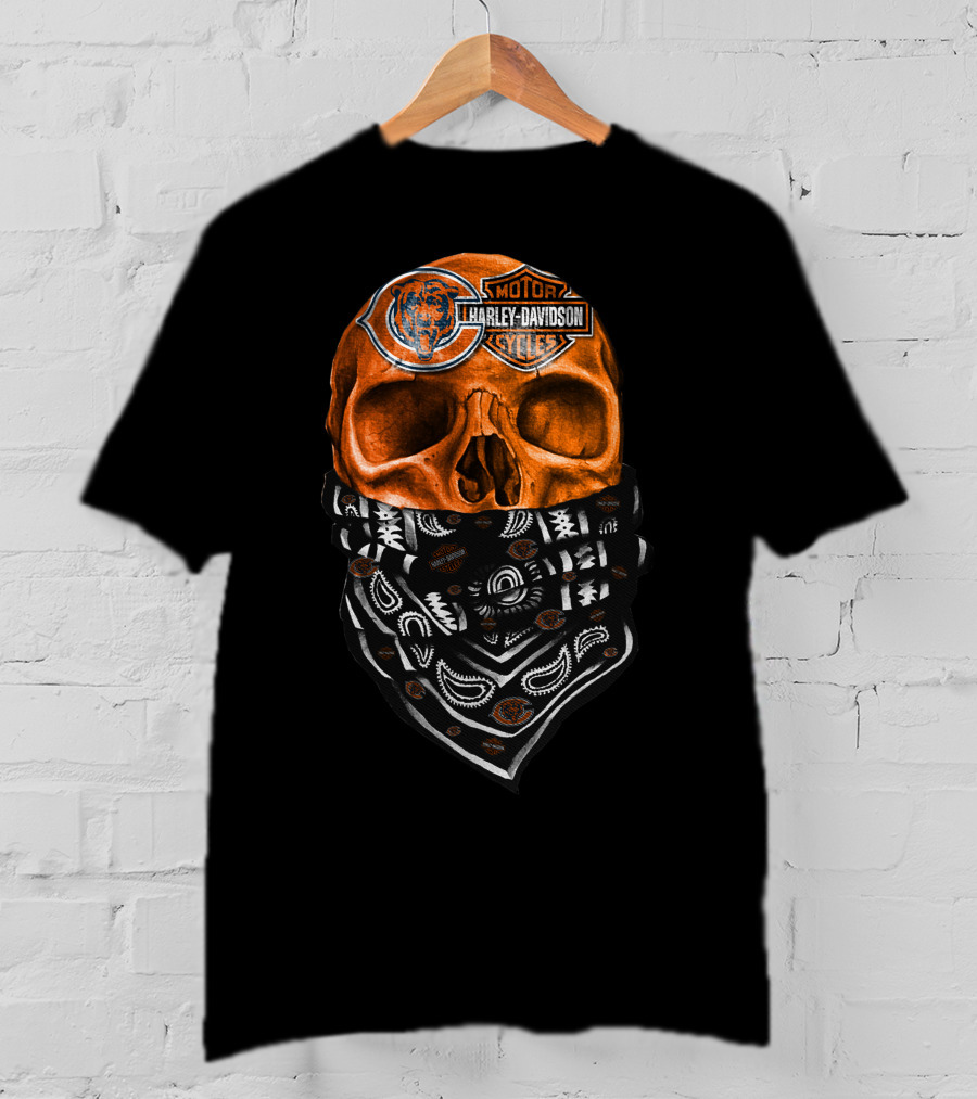 Harley Davidson Motorcycles Skull With Chicago Bears Logo Bandana T-Shirt