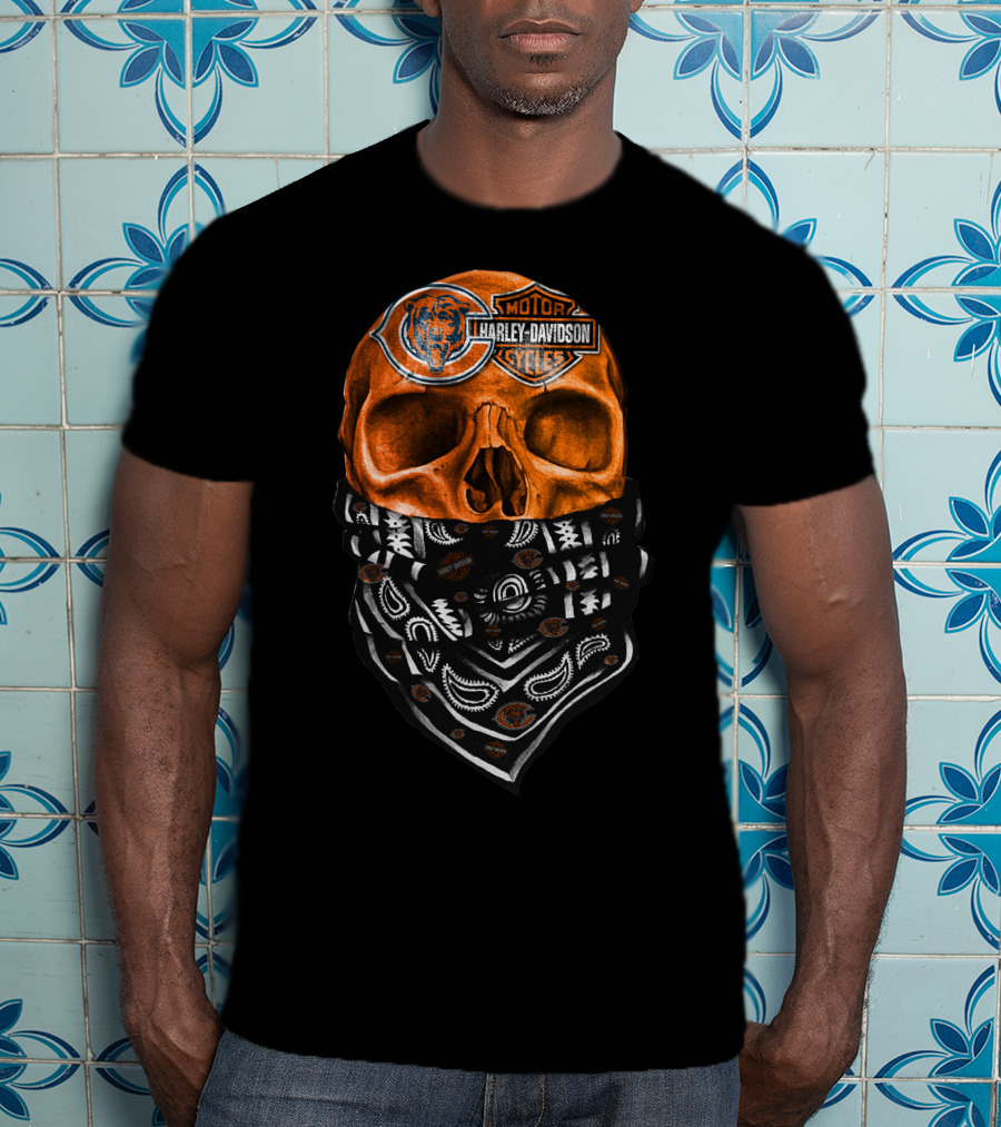 Harley Davidson Motorcycles Skull With Chicago Bears Logo Bandana T-Shirt