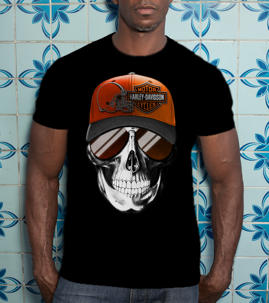 Cleveland Browns Harley Davidson Skull Sunglasses T-Shirt
