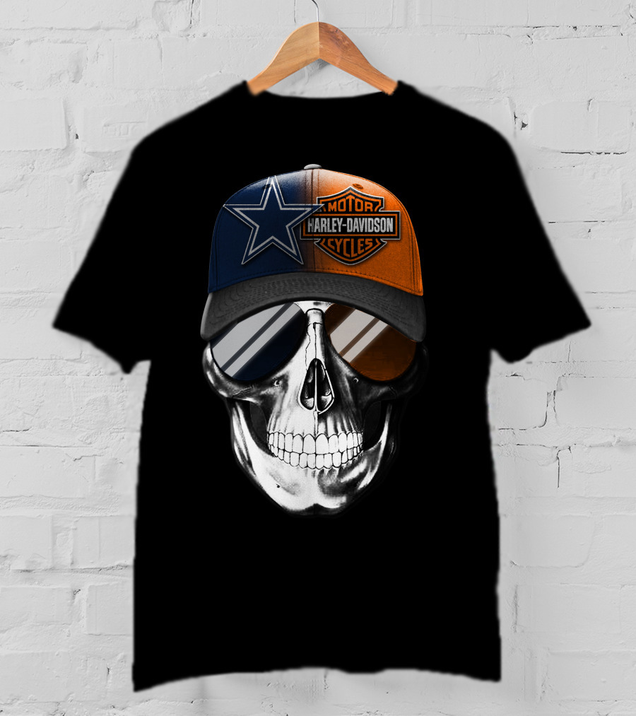 Harley Davidson Motor Cycles Dallas Cowboys Skull Hat T-Shirt