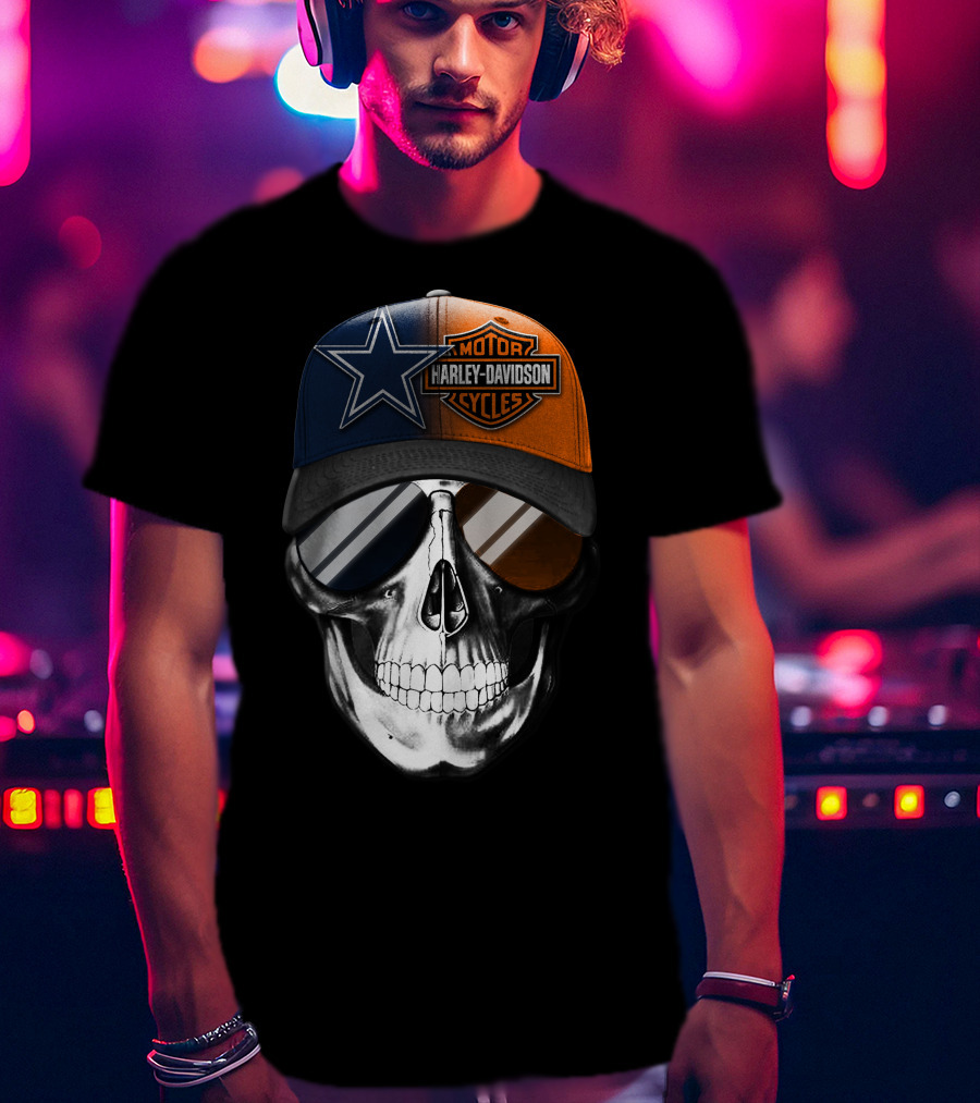 Harley Davidson Motor Cycles Dallas Cowboys Skull Hat T-Shirt