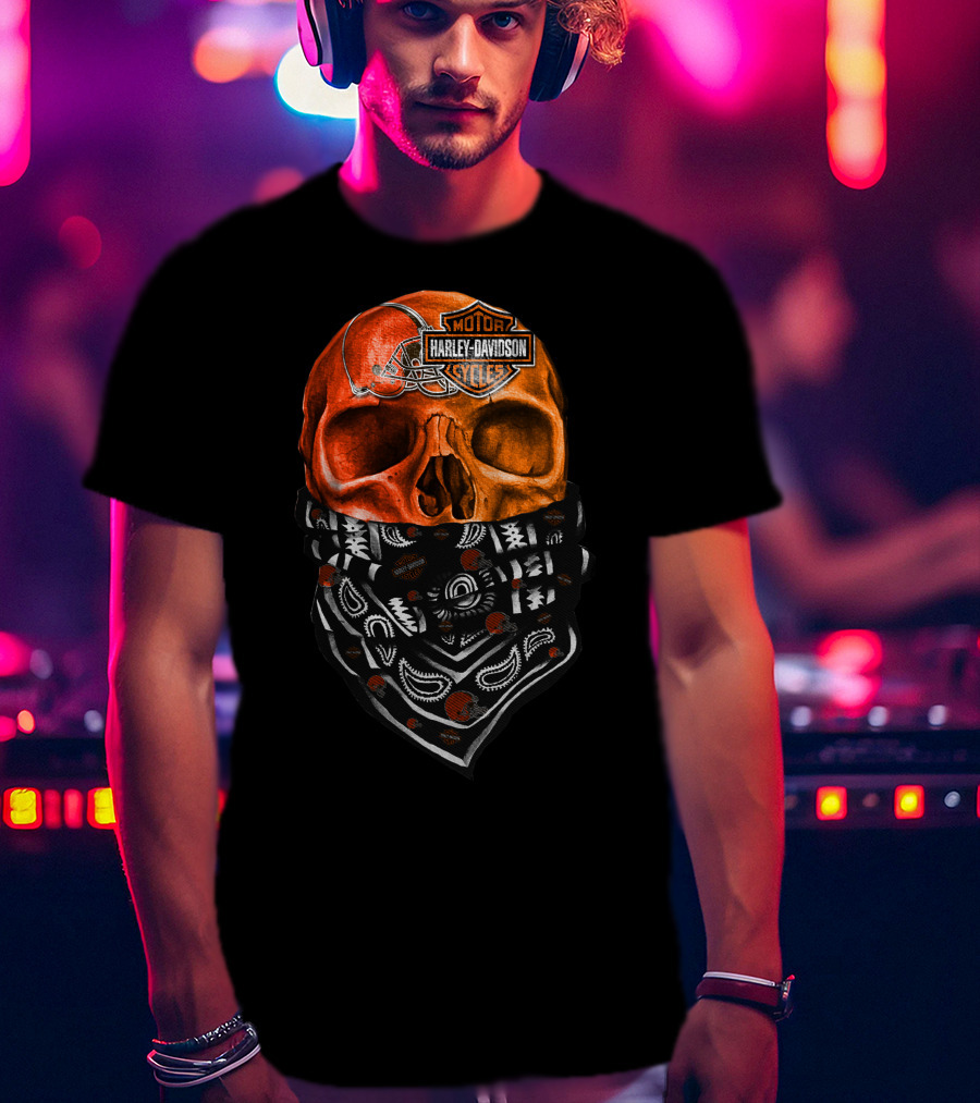 Harley Davidson Cleveland Browns Skull With Bandana T-Shirt