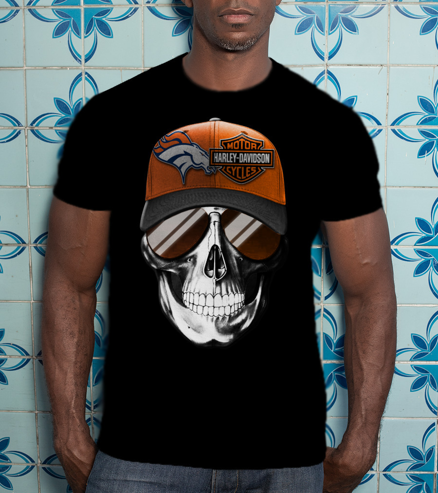 Harley Davidson Motorcycles Skull With Denver Broncos Cap T-Shirt