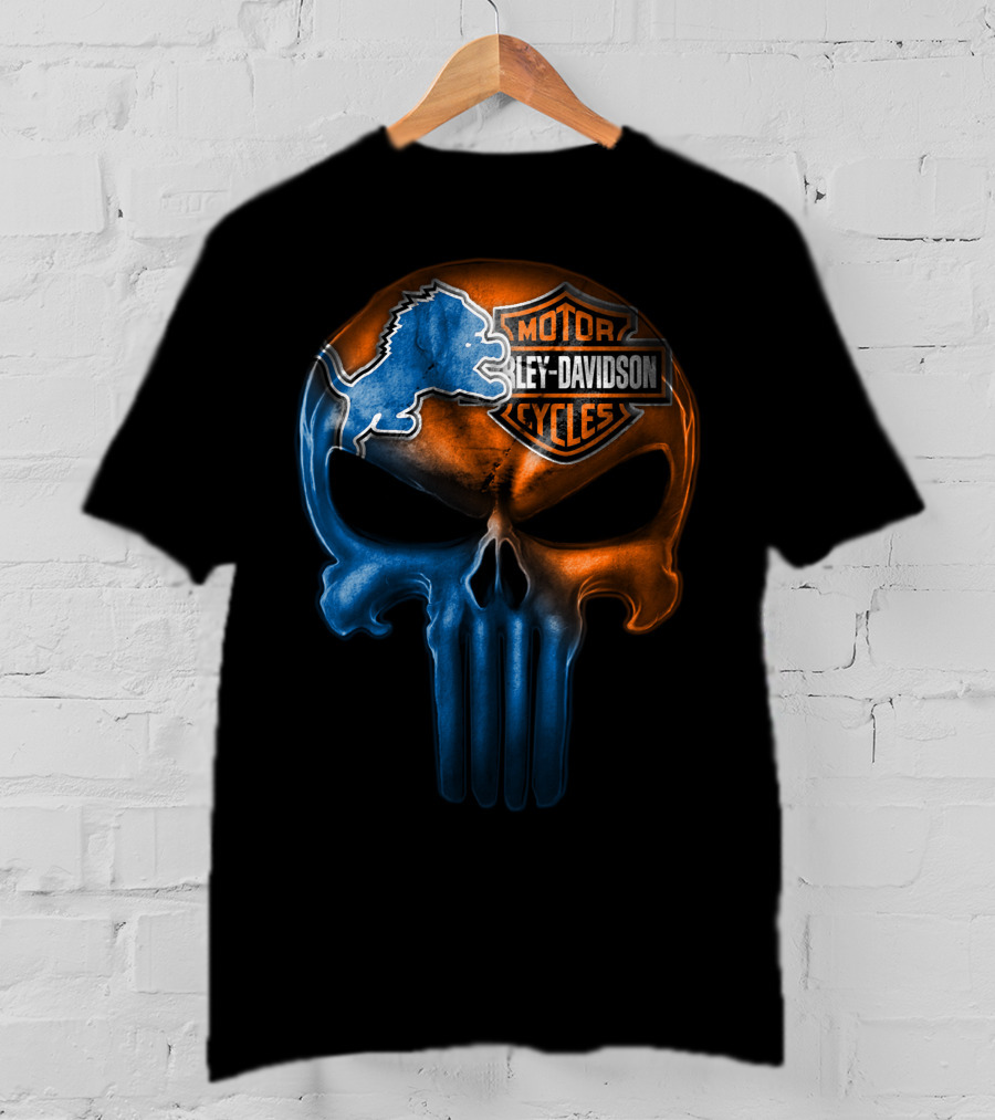 Detroit Lions Harley Davidson Motorcycles Punisher Skull T-Shirt
