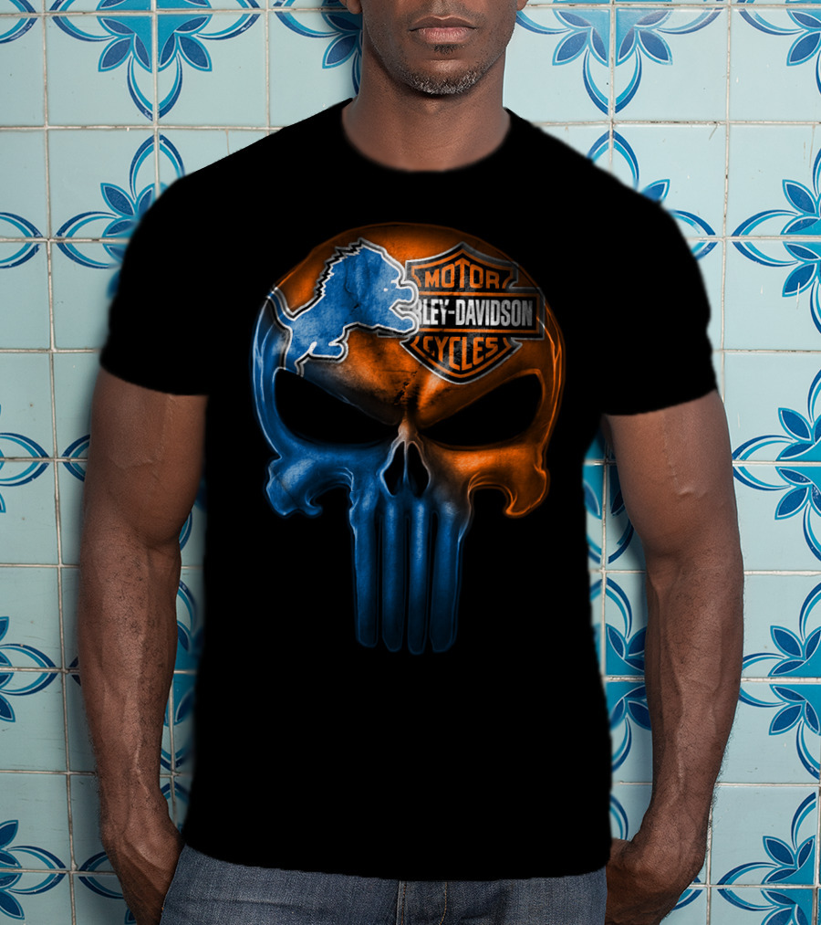 Detroit Lions Harley Davidson Motorcycles Punisher Skull T-Shirt