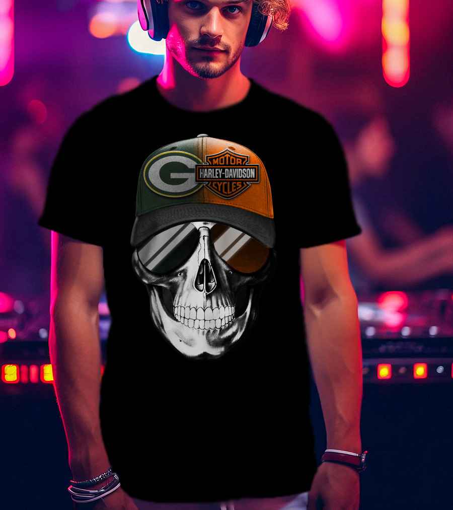 Green Bay Packers Harley Davidson Skull Cap T-Shirt