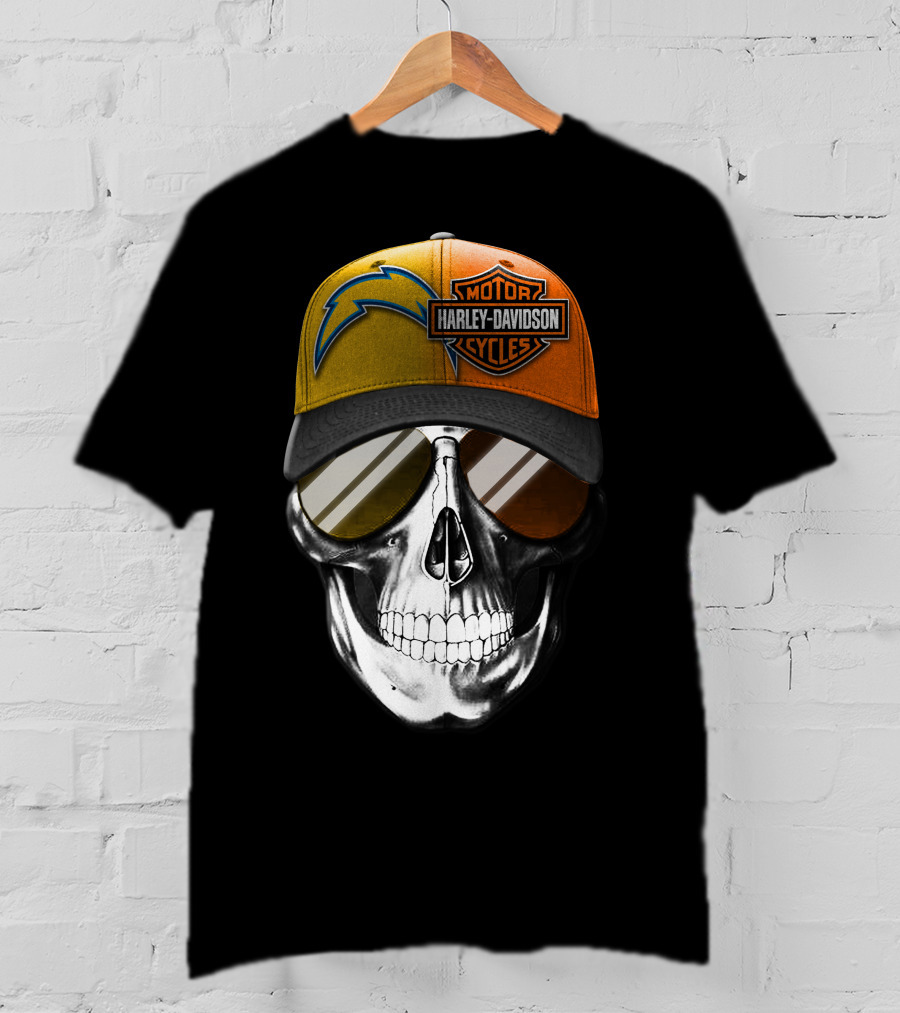 Los Angeles Chargers And Harley Davidson Motorcycle Skull Cap T-Shirt