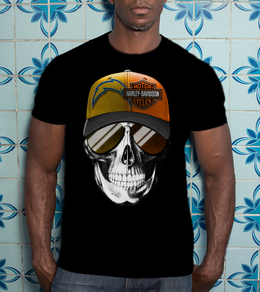 Los Angeles Chargers And Harley Davidson Motorcycle Skull Cap T-Shirt