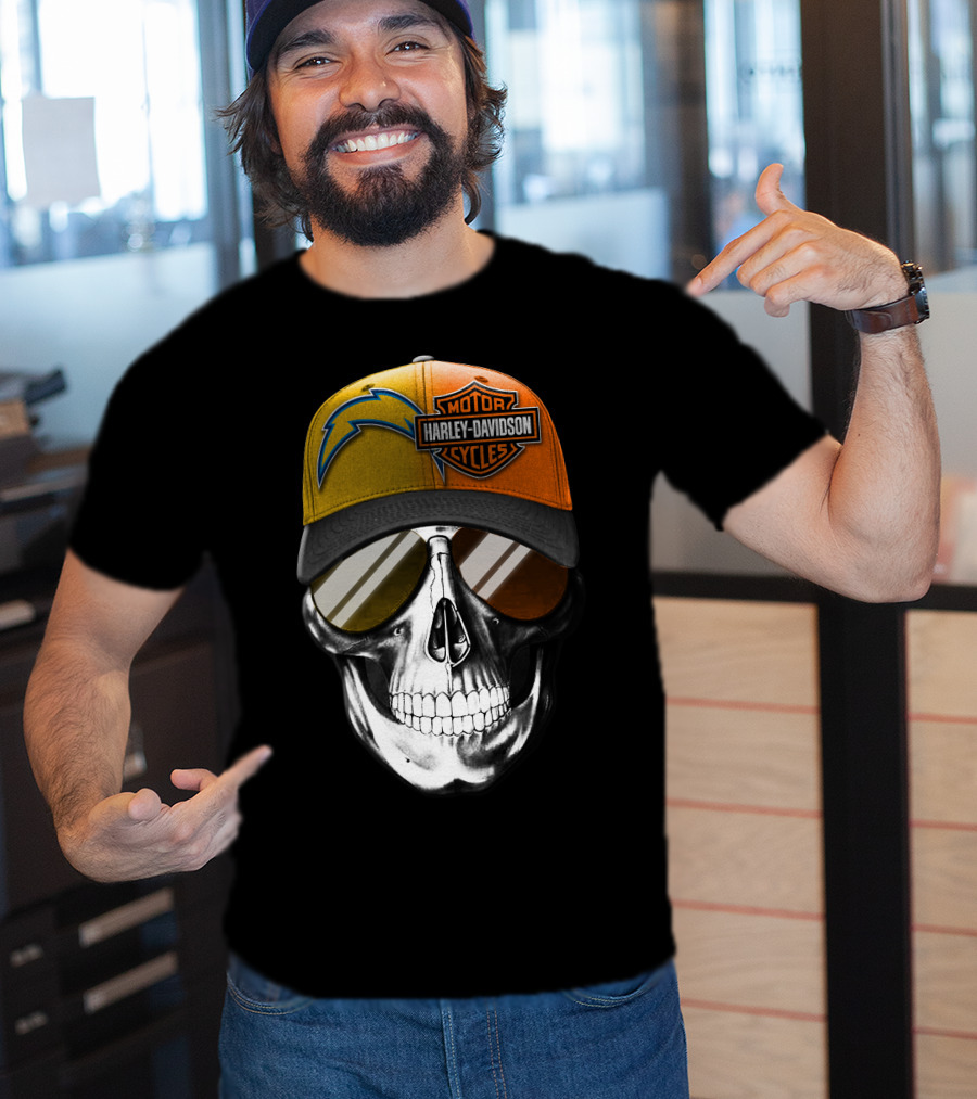 Los Angeles Chargers And Harley Davidson Motorcycle Skull Cap T-Shirt
