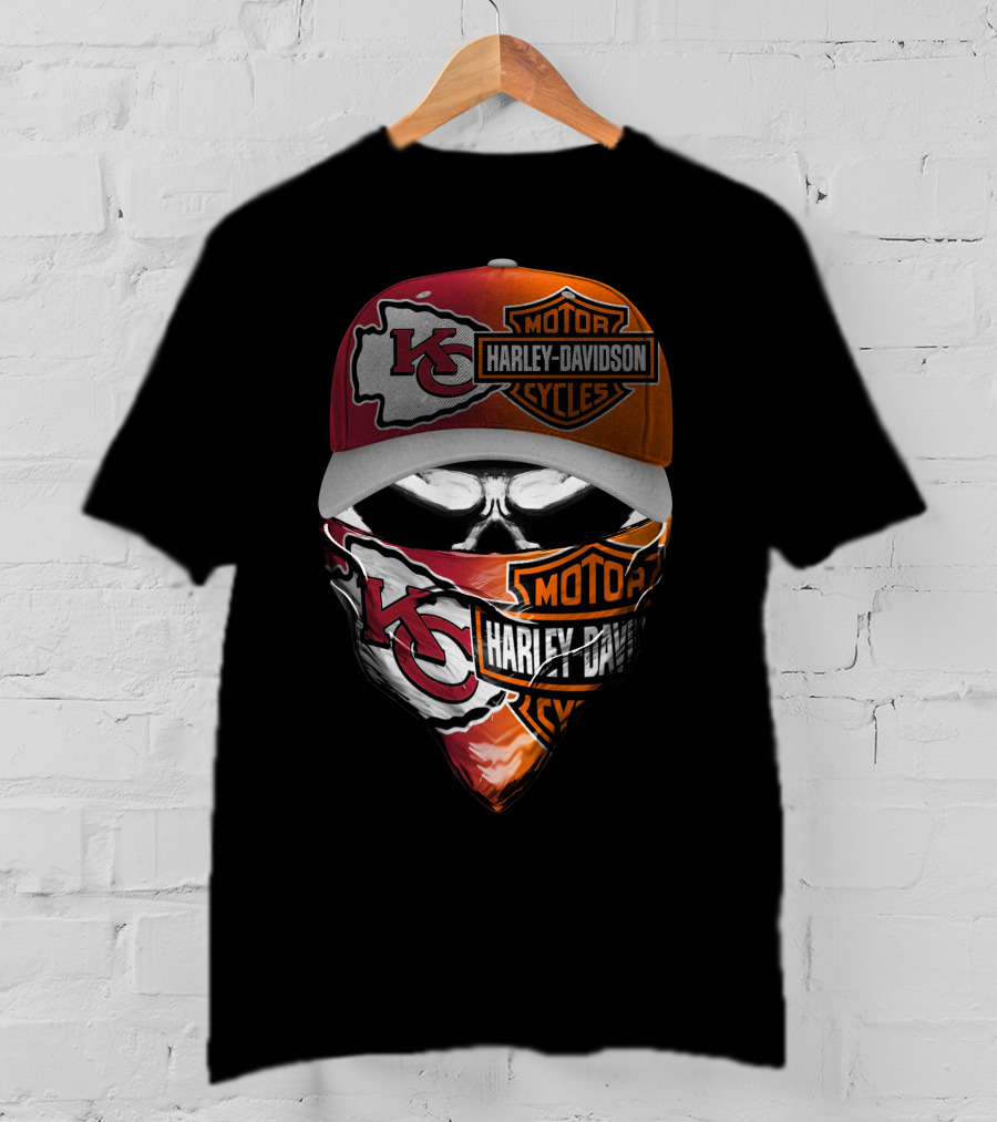 Kansas City Chiefs Harley Davidson Motorcycles Skull Mask And Cap T-Shirt